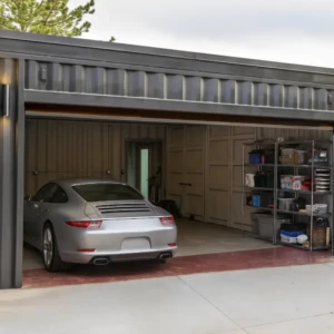 shipping container garage with a car