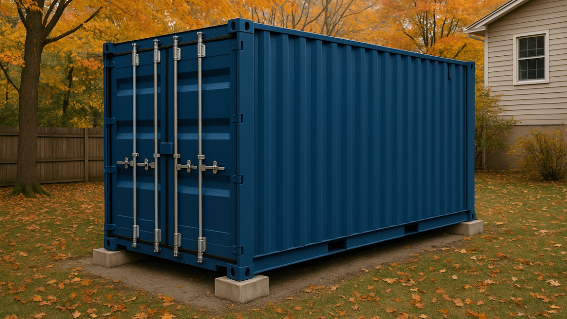 Blue Shipping Container on Foundation