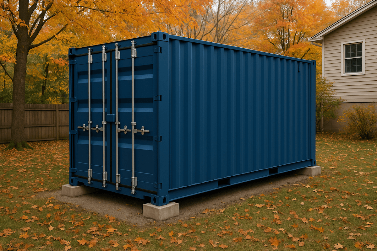 Blue Shipping Container on Foundation